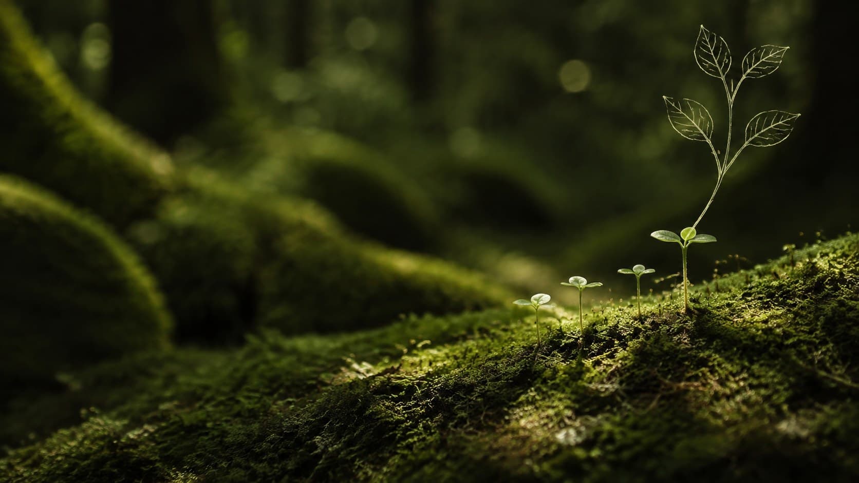 Seedlings on forest moss, with a larger plant drawn above the tallest one