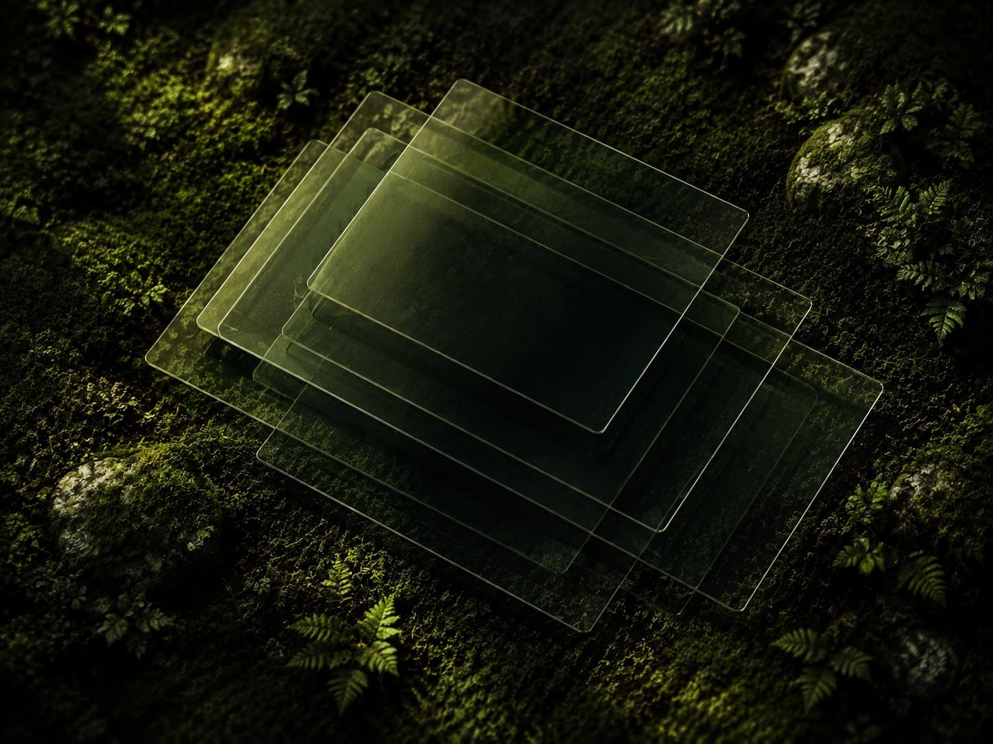 Overlapping translucent panels resting on moss
