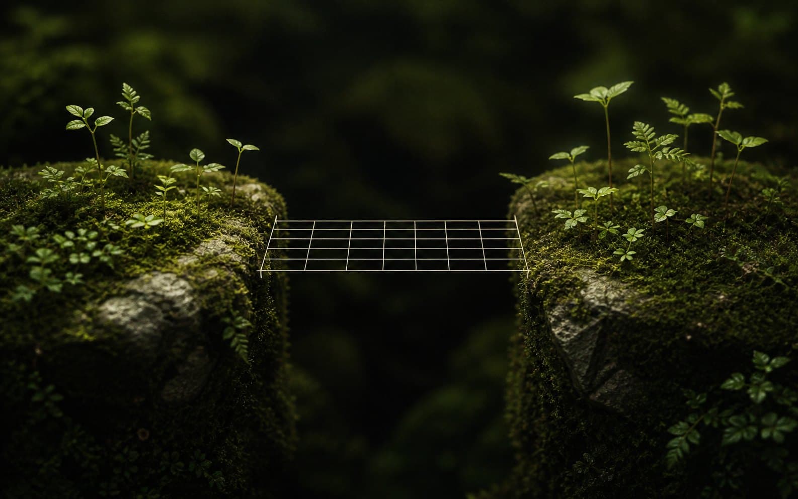 Two moss-covered ledges joined by a delicate drawn grid